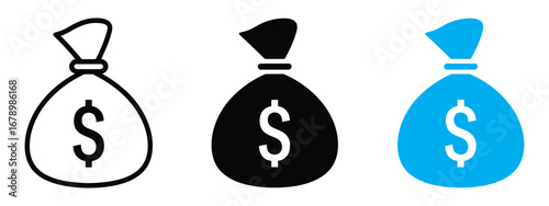 Three stylized money bag icons with dollar signs in black white and blue isolated on transparent background