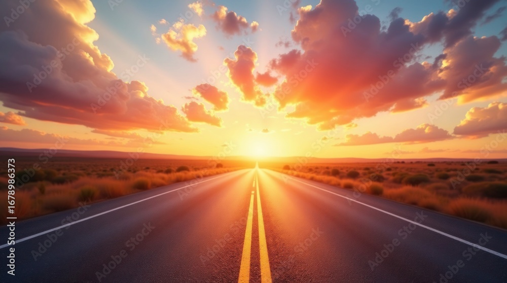 Naklejka premium Open road stretching towards a vibrant sunset sky asphalt road yellow lines