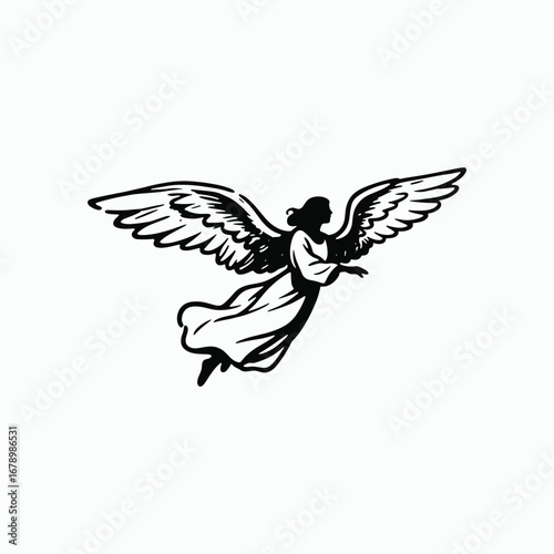 Graceful Angel flying with Wings Black and White Outline hand drawn