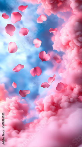 Soft flower petals floating against pastel skies, gentle and dreamy
