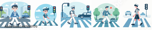 vector of sailors crossing the road