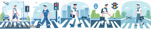 vector of sailors crossing the road