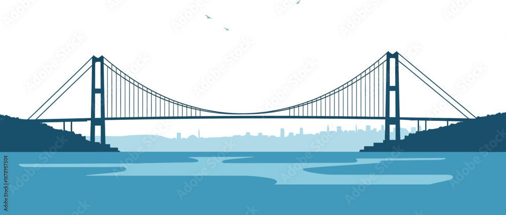 Fototapeta premium Suspension Bridge Vector Illustration with City Skyline and Calm Water in Blue Tones for Design Projects