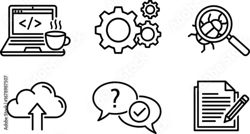 Technology and communication icons including laptop coding coffee gears cloud upload chat and document editing vector illustration