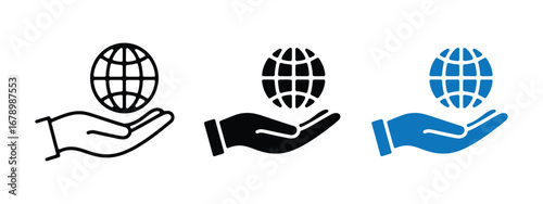 Three stylized icons of a hand holding a globe representing global care protection and environmental responsibility isolated on transparent background