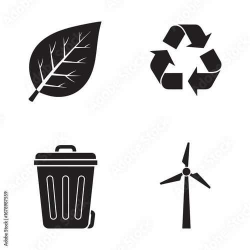 Sustainability icons representing ecological concepts with leaf recycle symbol garbage can and wind turbine depicting renewable energy sources for environmental protection and eco friendly practices