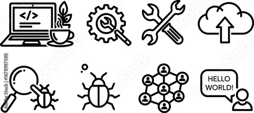 Computer programming icons with bug, tools, cloud upload, and coding symbols for software development and debugging vector set