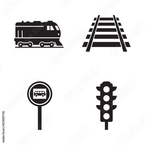 Transportation elements including a train railroad tracks bus stop sign and a traffic light in black and white minimalist transportation design vector illustration