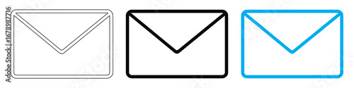 Three stylized envelopes in outline black and blue colors representing communication and mail services isolated on transparent background