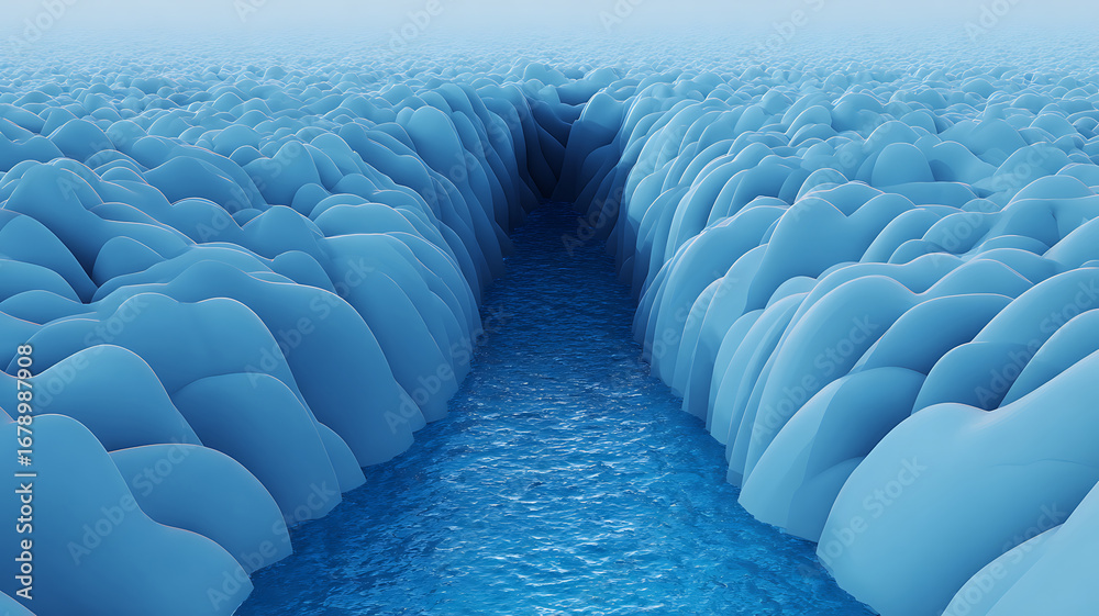 Fototapeta premium Water flows between abstract cliffs, a river carving through a blue landscape.