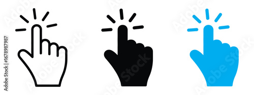 Three distinct hand cursor icons showing a finger pressing a button isolated on transparent background