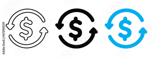 Three stylized icons representing financial exchange or currency conversion with a dollar sign and circular arrows isolated on transparent background