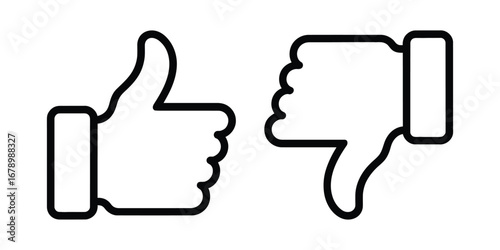 Two simple outline icons showing a thumbs up and a thumbs down gesture isolated on transparent background