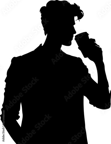 A stylishly dressed man's silhouette is captured in profile, elegantly holding and drinking from a disposable coffee cup.