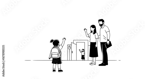 A heartwarming black and white vector illustration of a young girl with a backpack waving goodbye to her family on the first day of school