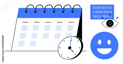 Calendar with spiral binding, round clock, binary data screen, eye icon, smiling face icon. Ideal for scheduling, productivity, technology, personal growth planning time management simple landing