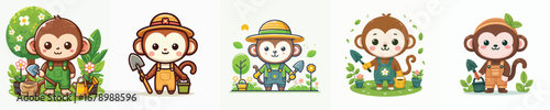 set of cute monkey vectors gardening