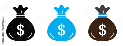 Three stylized money bag icons with dollar signs in black white and blue isolated on transparent background