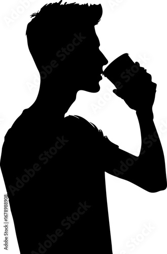 The image is a black silhouette of a man drinking from a cup, his body angled to the right, showcasing a casual posture and short hair.