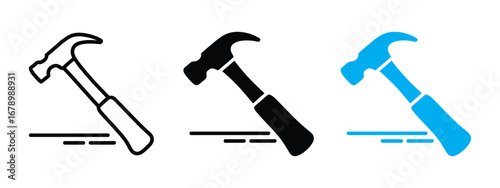 Three stylized hammer icons in black white and blue representing construction renovation and diy projects isolated on transparent background
