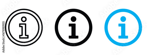 Three stylized information icons in black and white and blue oval shapes isolated on transparent background