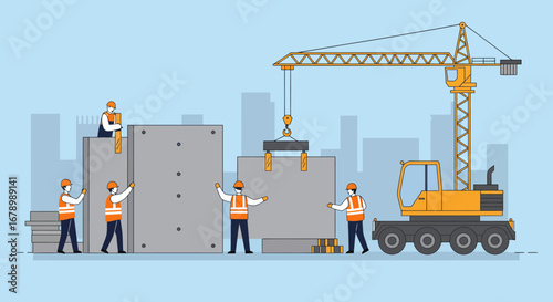 Construction Workers and Crane Assembling Concrete Structures.