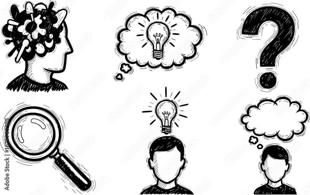 Naklejka premium Creative thinking and problem solving concept with human heads and light bulbs vector illustration