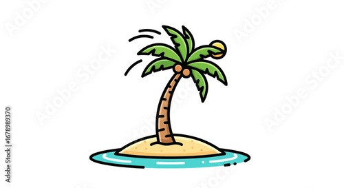 Cartoon palm tree on a tropical island in the ocean