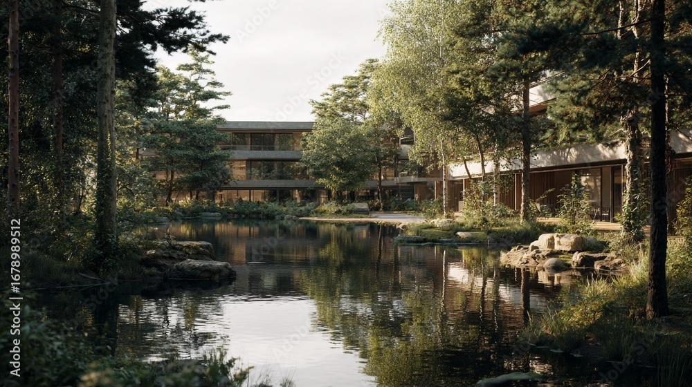 Obraz premium Modern suburban building by lake