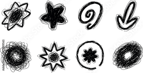 Abstract black grunge shape icons set with stars arrows and circular doodles for creative design projects vector illustration