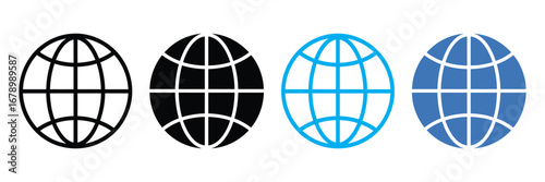 Four stylized oval globe icons in black white blue and teal showing longitude and latitude lines isolated on transparent background
