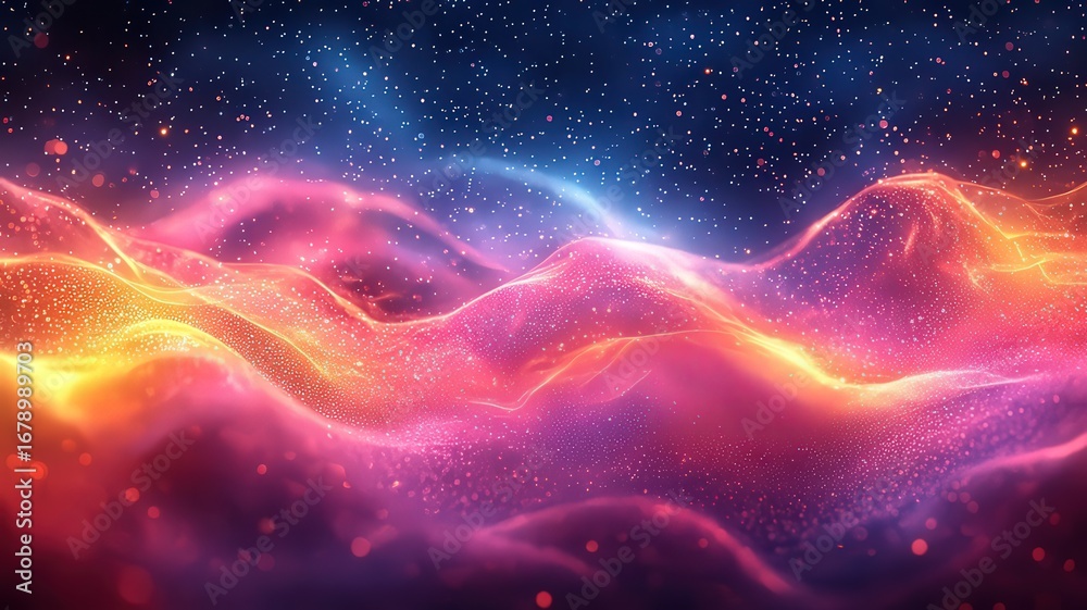 Obraz premium Vibrant cosmic waves of pik and orange hues against deep blue backdrop, creatng a mesmerizing abstract andscape for digital art ad design.