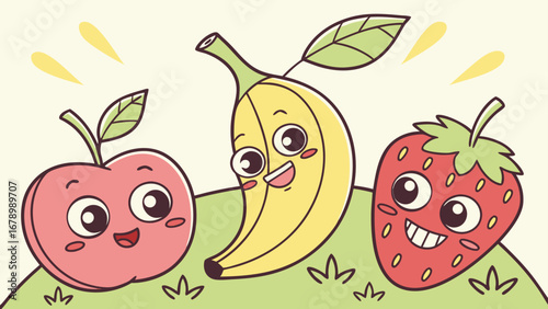 Cartoon fruits apple banana and strawberry with happy faces on a green hill in a light background