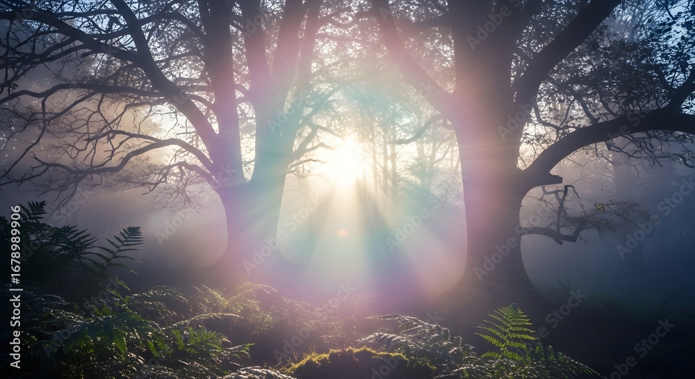 Fototapeta premium Sunbeams through misty forest illuminating ancient trees.