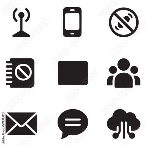 Set of Solid vector icon antenna vector, phone, no mobile sign, notebook connect, merry christmas message, group, mail, chat, dialog, information exchange, wireless, cloud data. Vector black
