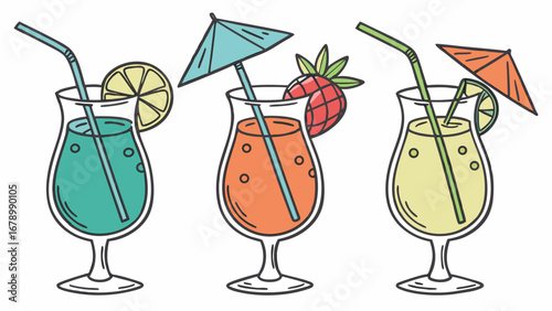 Three colorful cocktails with straws and garnish each in a glass on a white background