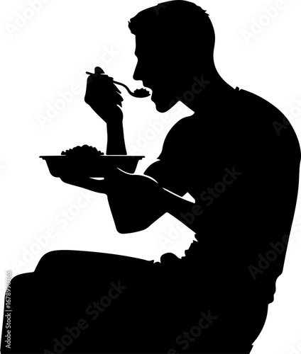 The image is a black silhouette of a man sitting and eating from a bowl with a spoon, his body angled slightly to his left, his attention focused on his meal.