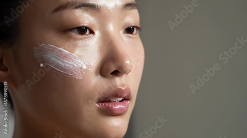 Close Up Portrait of a Young Asian Woman With White Face Cream on Cheek in Neutral Gray Background and Natural Lighting Emphasizing Skincare and Cosmetic Benefits For Beauty and Personal Care