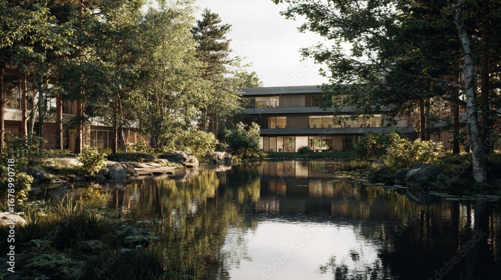 Fototapeta premium Modern suburban building by serene lake