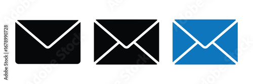 Three stylized envelopes in black and blue colors representing communication and mail services isolated on transparent background