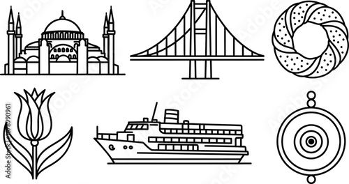 Istanbul famous landmark vector set including mosque bridge tulip ferry ship and traditional bagel illustration