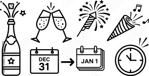 New Year celebration icons with champagne glasses calendar fireworks and clock vector set