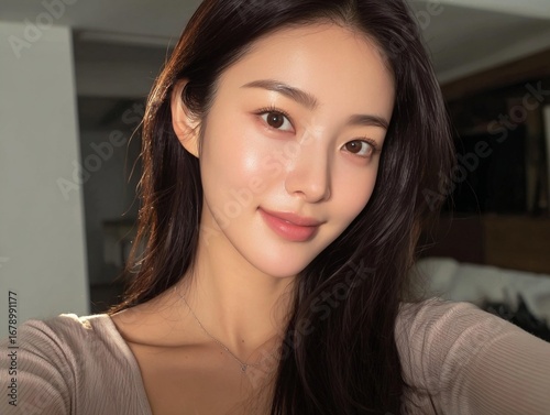Natural selfie of confident Korean woman