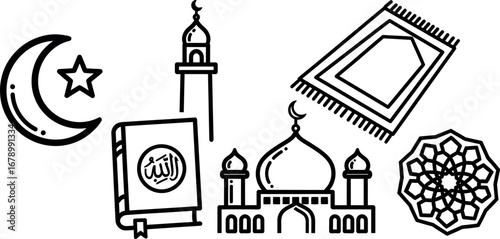 Islamic religious symbols vector set with mosque, crescent moon, star, prayer rug, Quran book, and arabesque pattern for cultural design