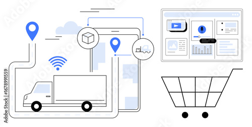 Delivery truck, tablets with geolocation pins, wireless symbols, online analytics, and shopping cart. Ideal for logistics, shipping, tracking, e-commerce data integration smart technology supply