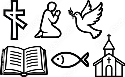 Christian religious symbols cross praying person dove bible fish church vector icons set illustration