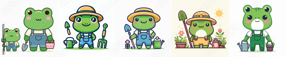 Naklejka premium set of cute frog vectors gardening