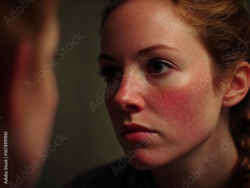 Woman looking in mirror with flushed face