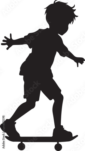 A black silhouette of a boy skateboarding, leaning forward with his arms outstretched, showcases his dynamic posture and the energy of the sport.