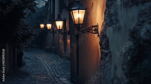 Illuminated Cobblestone Alleyway With Antique Street Lamps